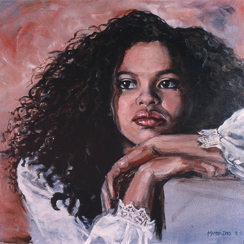 Artwork of human female portrait with pink and purple hues