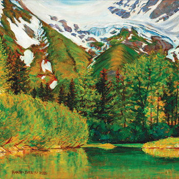 Artwork drawing of green Landscapes and snow mountains