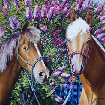 Artwork of horse portrait with pink flowers in the backdrop